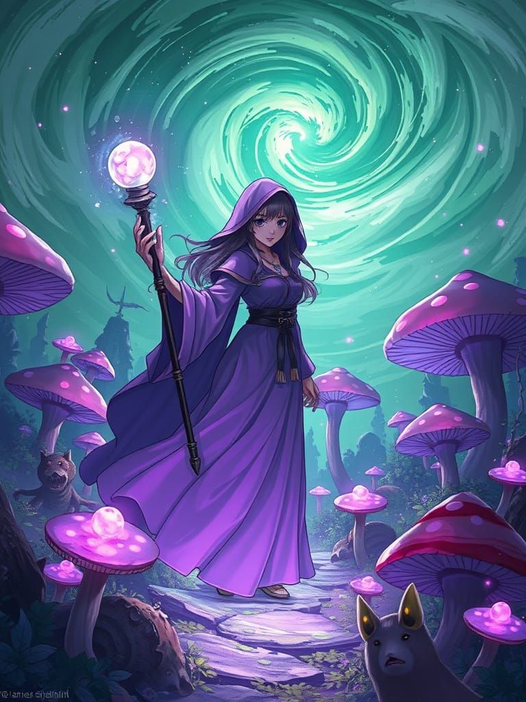 Anime Sorceress in Glowing Mushroom Field