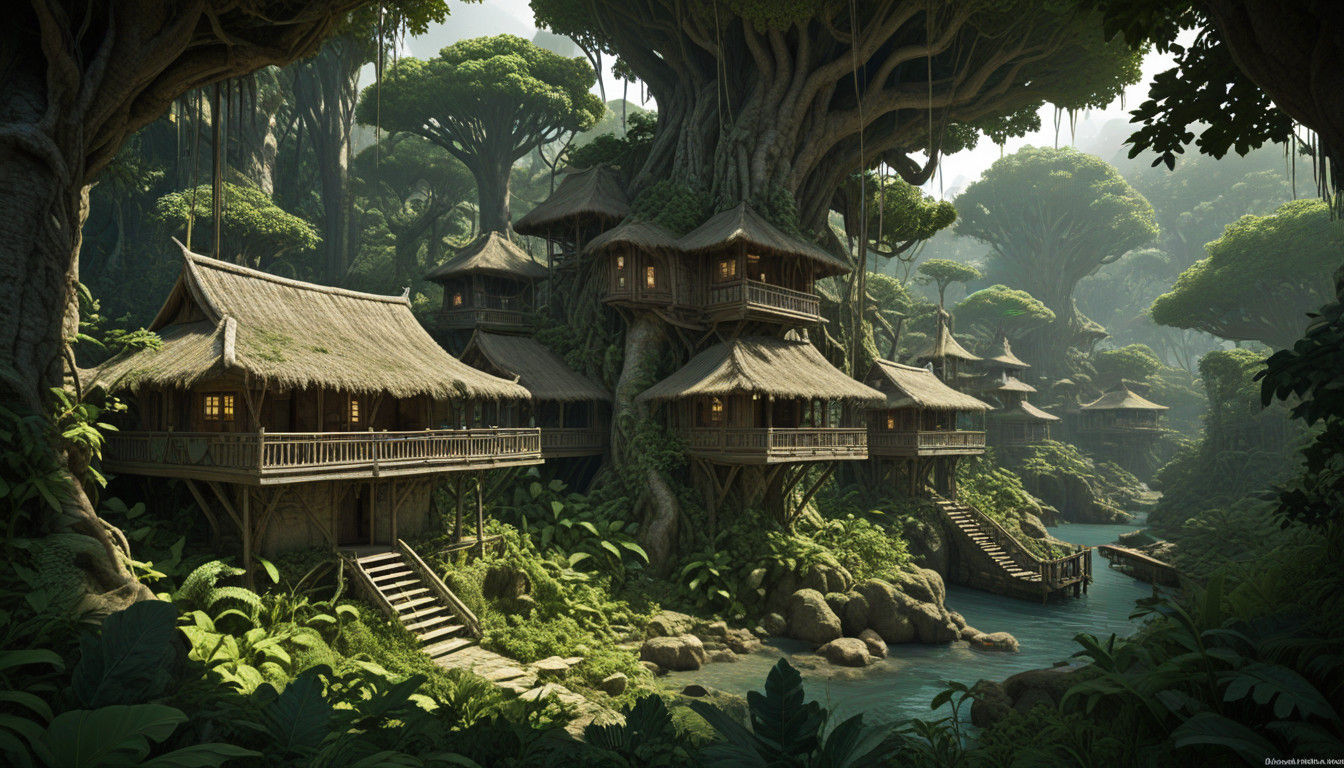 Tribal Village Deep in the Jungle with Treehouse Huts