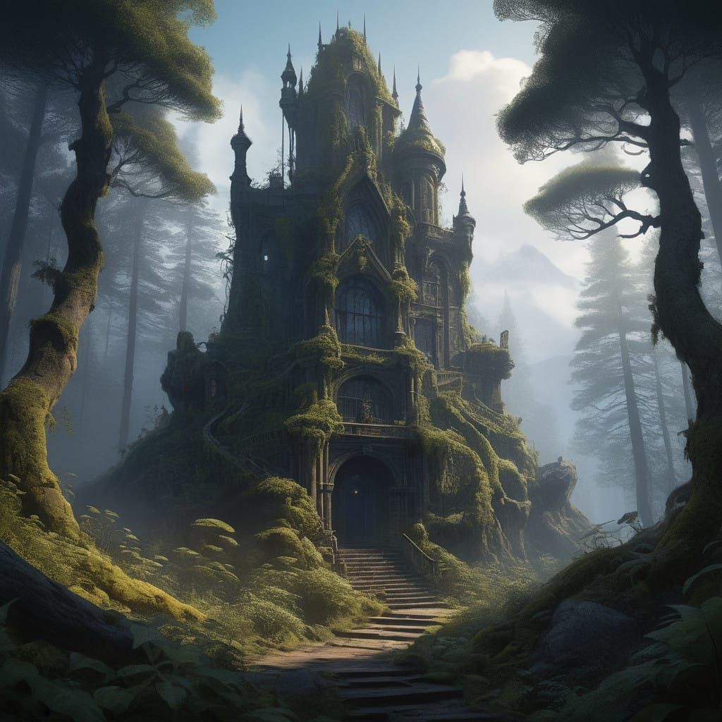 Triumphant Ominous Mountain Landscape in Dark Fantasy Style