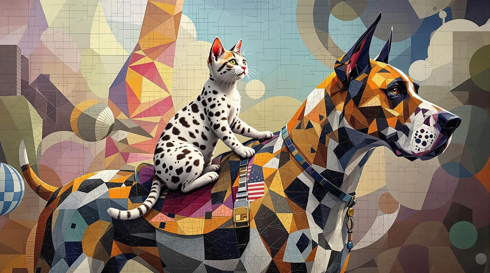 Cute Cat Rides Majestic Dog in Geometric Hyperrealism