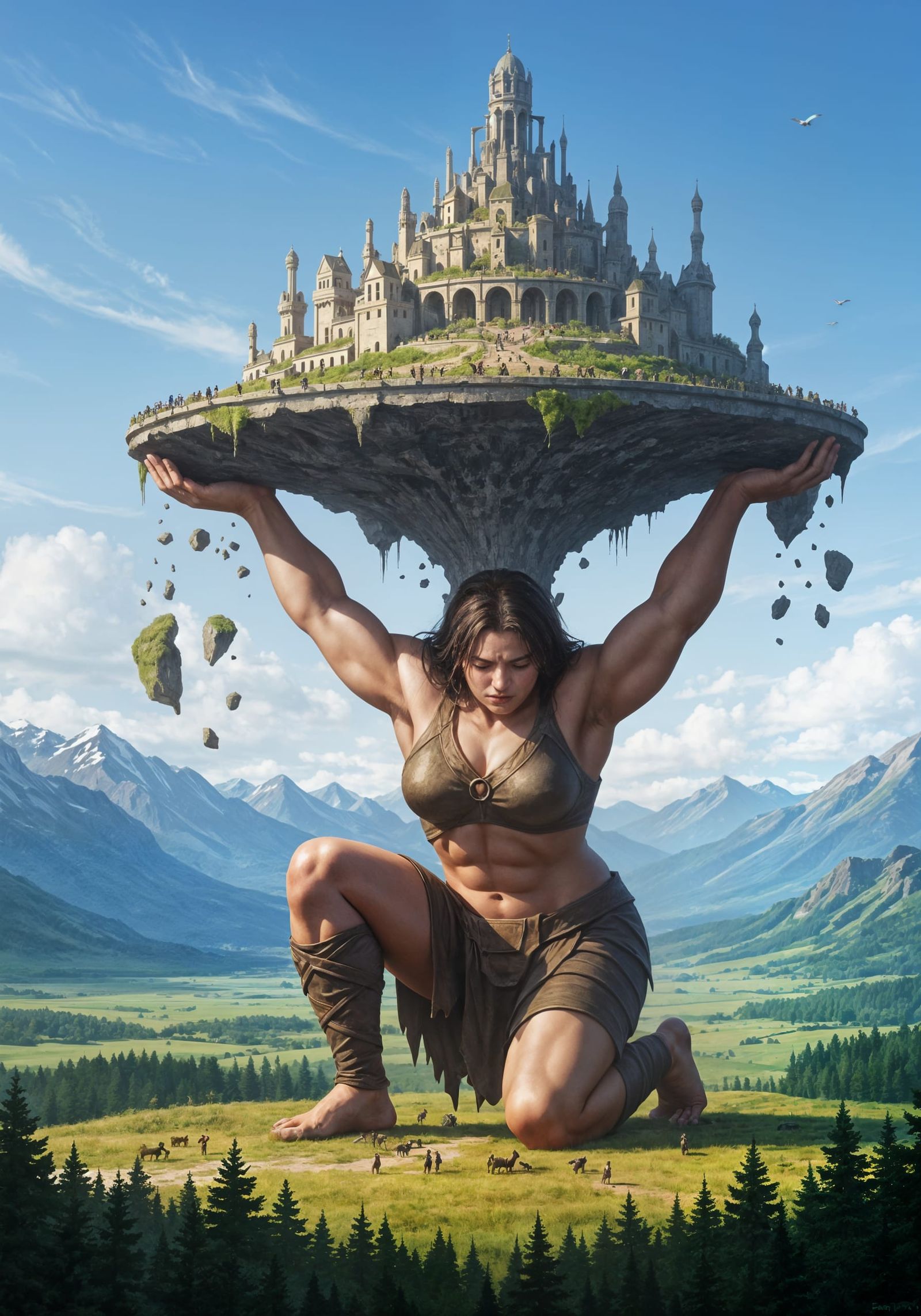 Giantess Holds Bustling Fantasy City on Platform