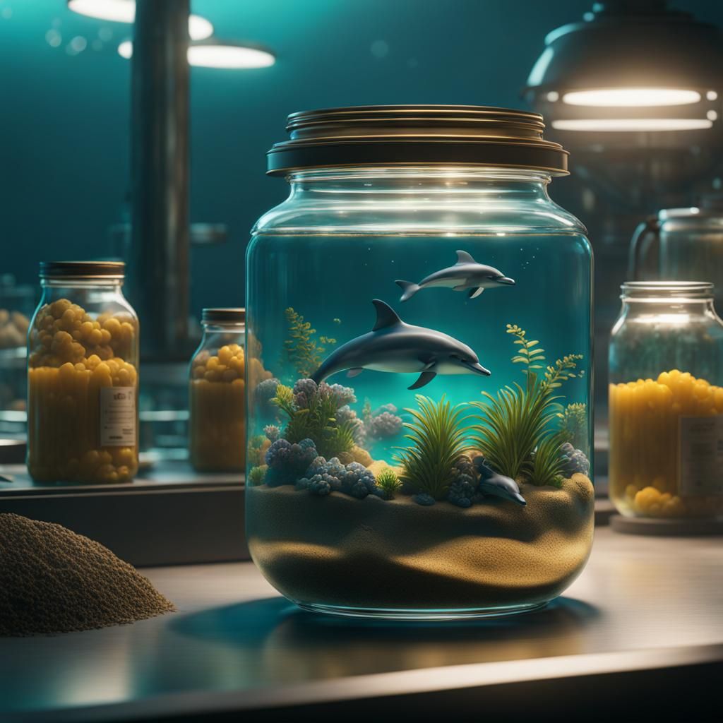 Surreal Cyberpunk Ocean in a Jar Photograph