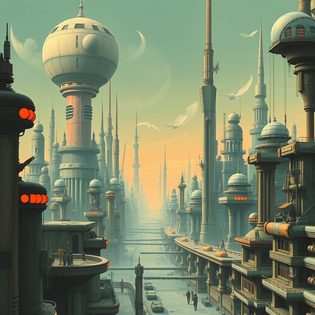 Surreal Futuristic Cityscape in Retrofuturist Style