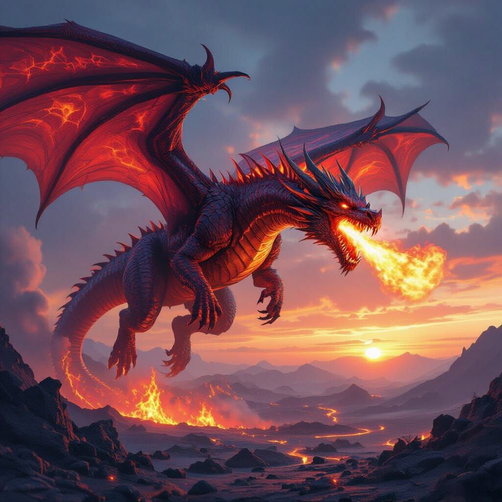 Massive Red Dragon Roaring Fire Over Volcanic Landscape