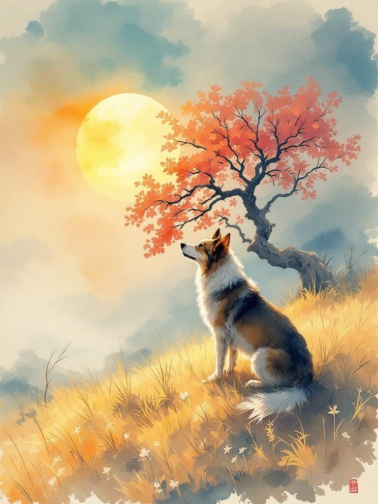 Atmospheric Watercolor Landscape with Dog in Sunlight