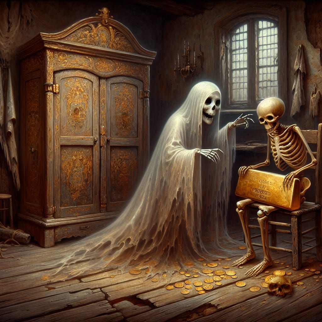 Ghost Offers Gold to Skeleton in Derelict House