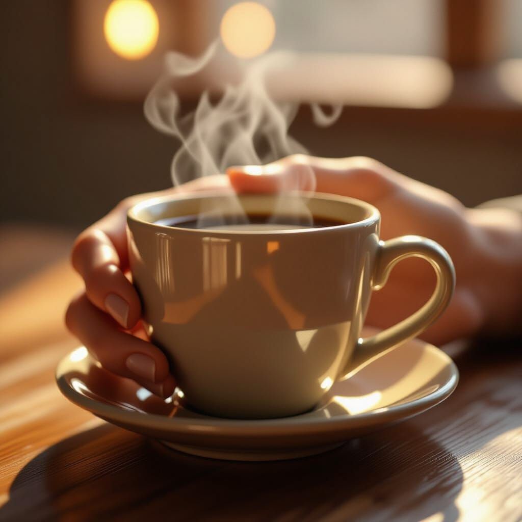 Hyperrealistic Hand Holding Steaming Coffee Cup
