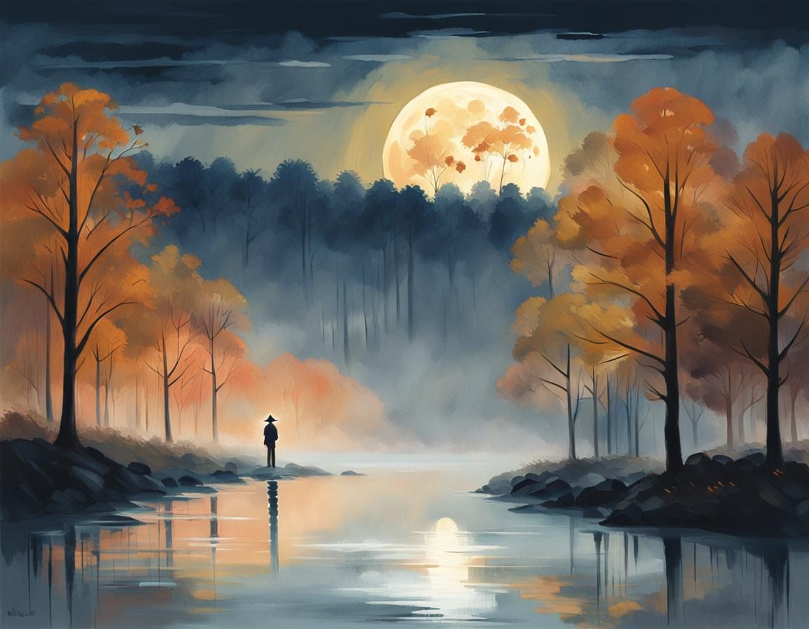 Mystical Riverbank Figure in Gouache Style