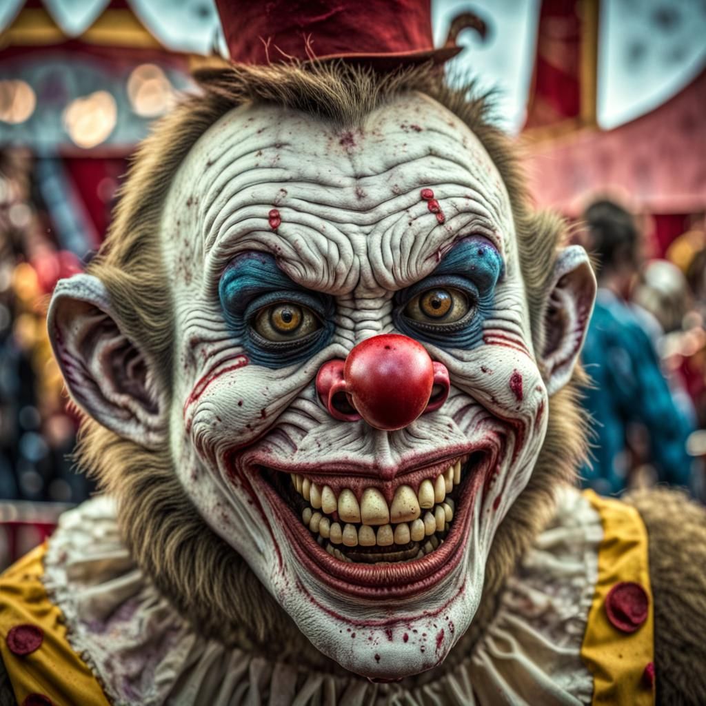 Zombie Monkey Clown Grinning Maniacally at Circus