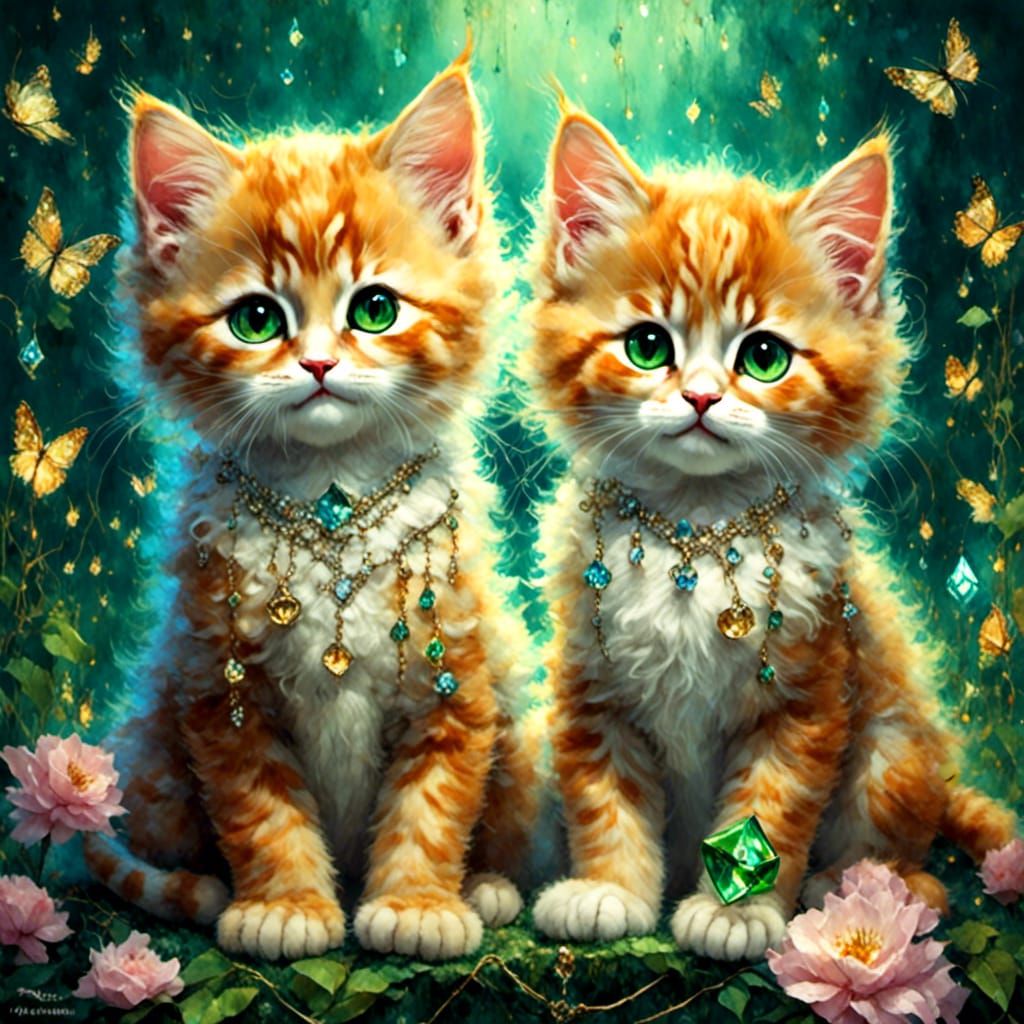 Two adorable cute happy ginger pretty kittens, shining in gr...