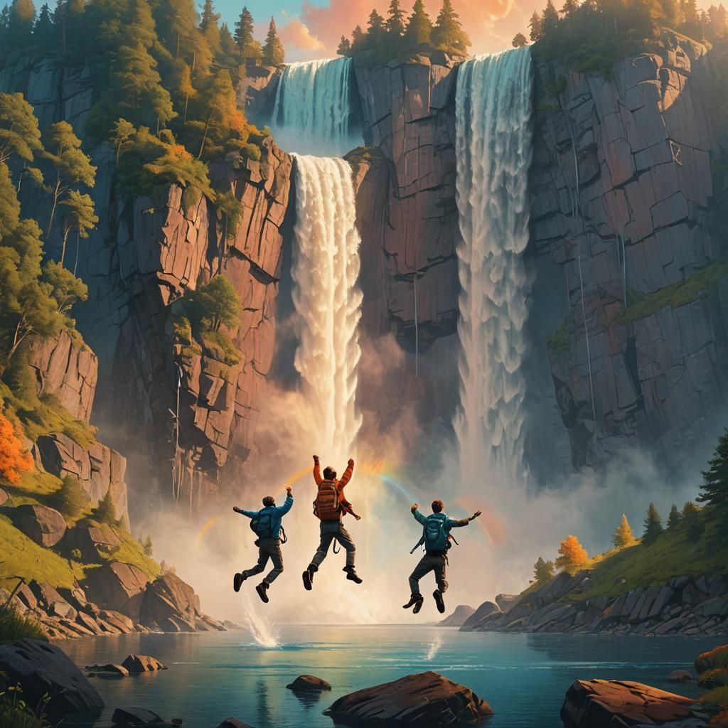 Sunset Waterfall Jump: A Matte Painting Fantasy