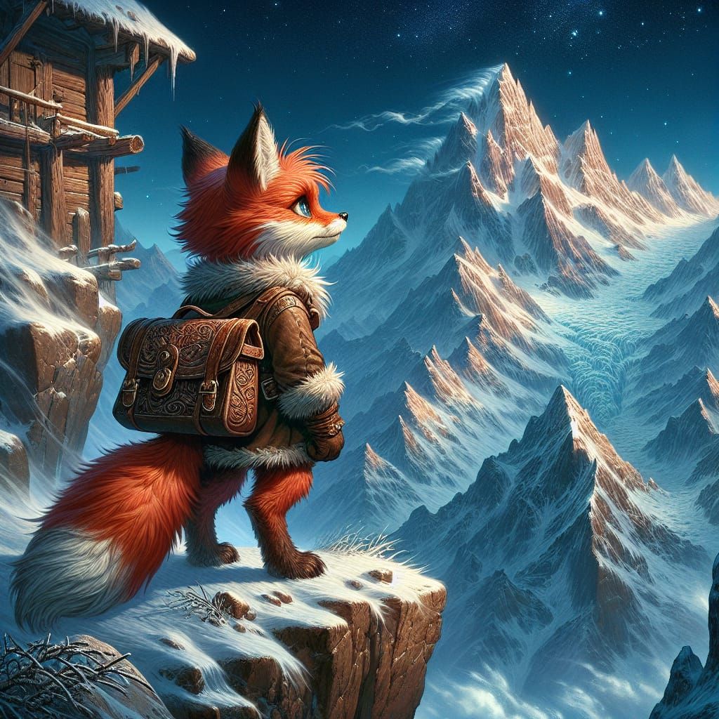 Red Fox Gazing at Snowy Mountains in Fantasy Style