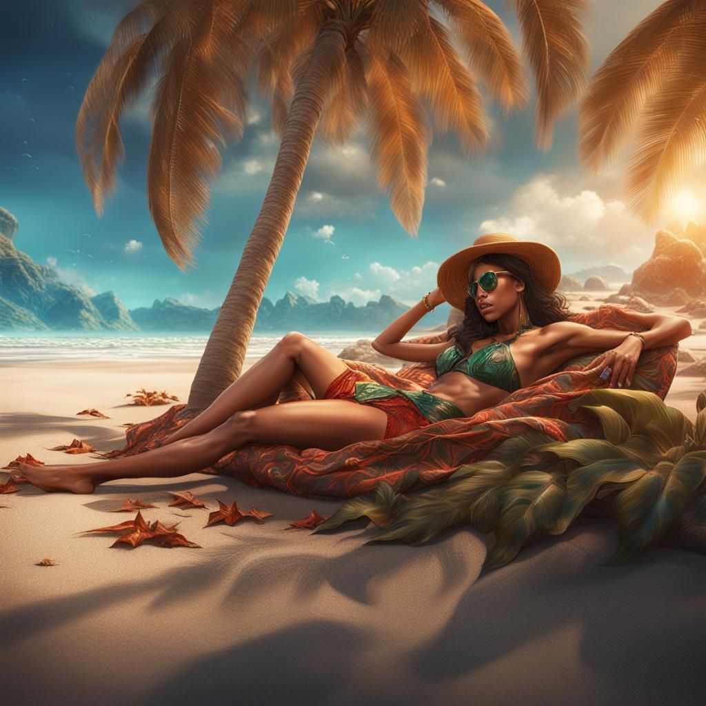 Bikini Model on Beach Under Palm Tree