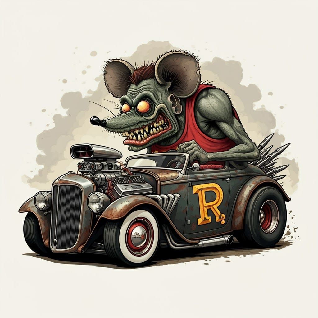 Rat Fink Driving Ratrod in Ed Roth Style