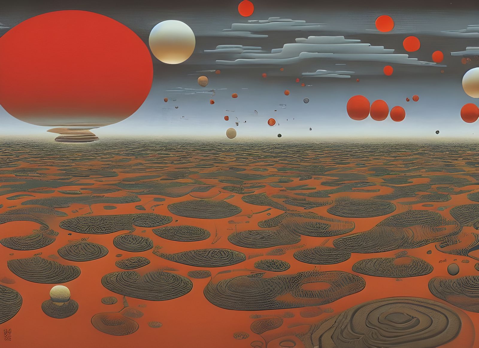 Surreal Dystopian Dreamscape with Floating Orbs