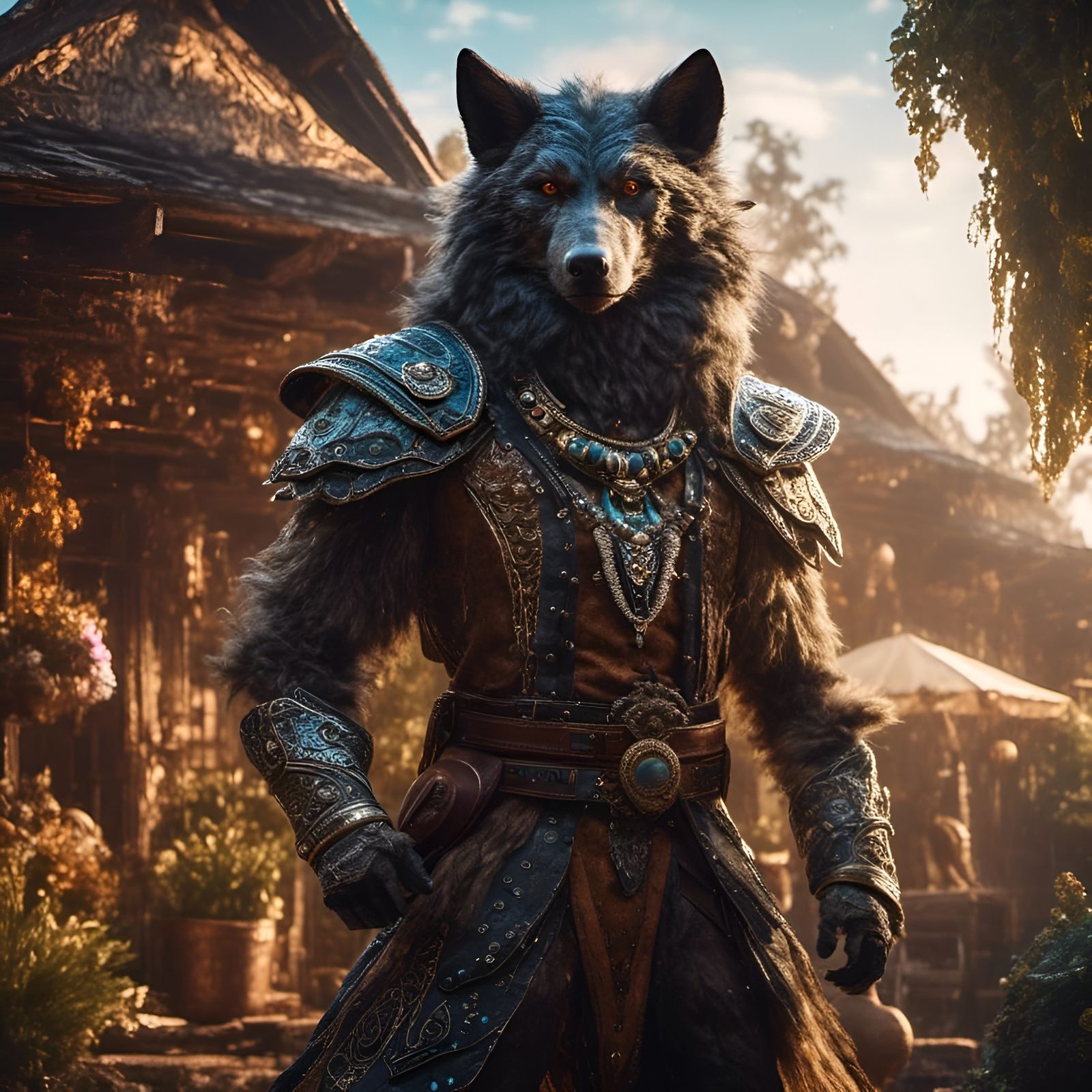 Ornate Werewolf in Cosmic Village: Photorealistic Visual