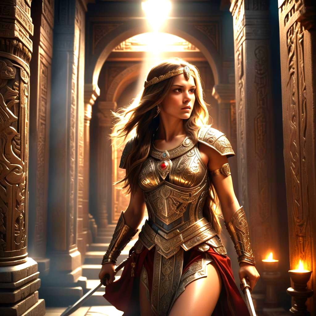 Female Warrior in Temple Treasure Room, Art Deco Style