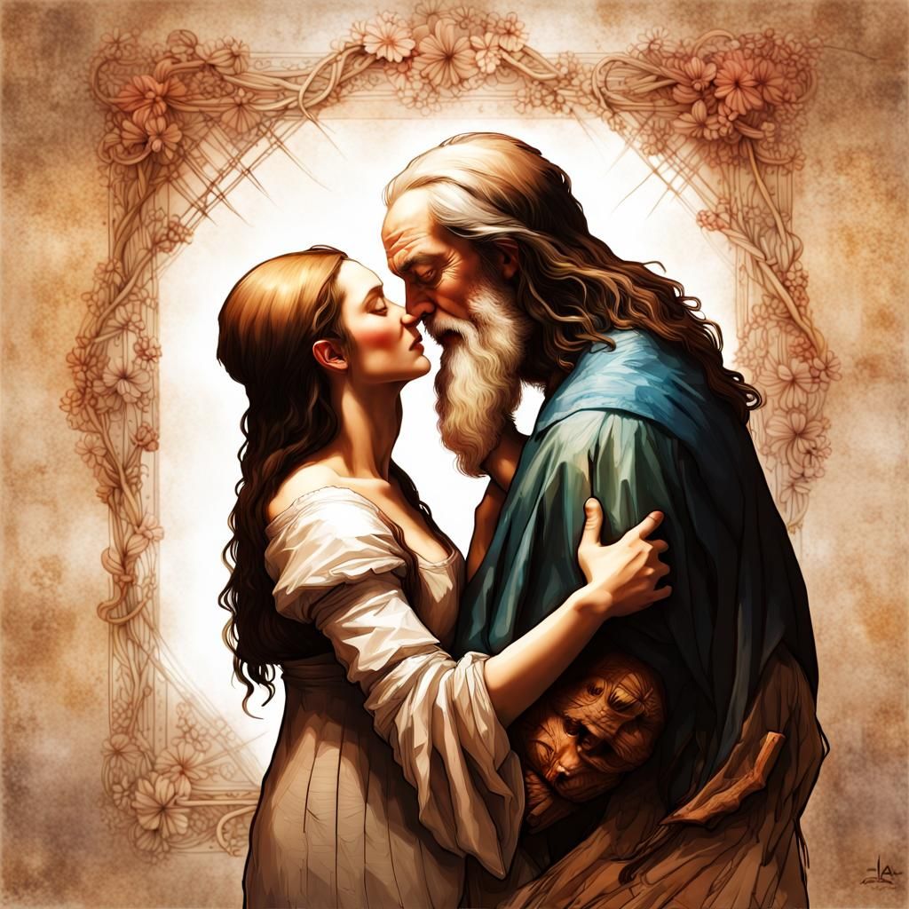 Passionate Embrace: Da Vinci Style Digital Art