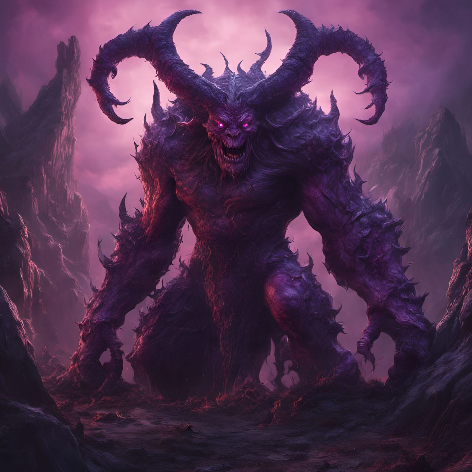 Giant Purple-Eyed Demon in Detailed Matte Painting