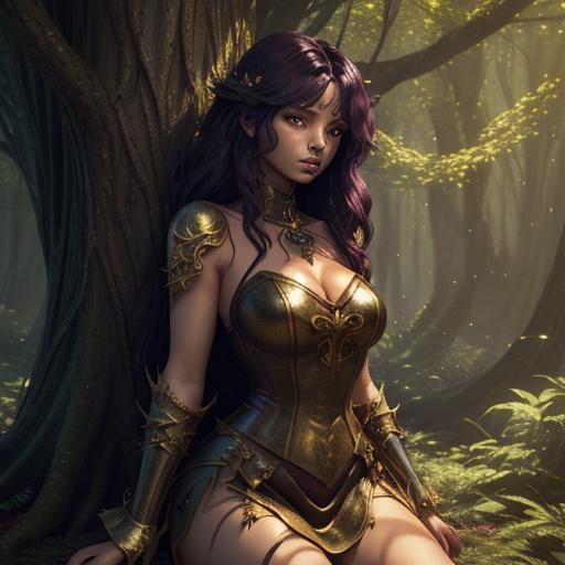 Black Woman in Forest, Alphonse Mucha Style