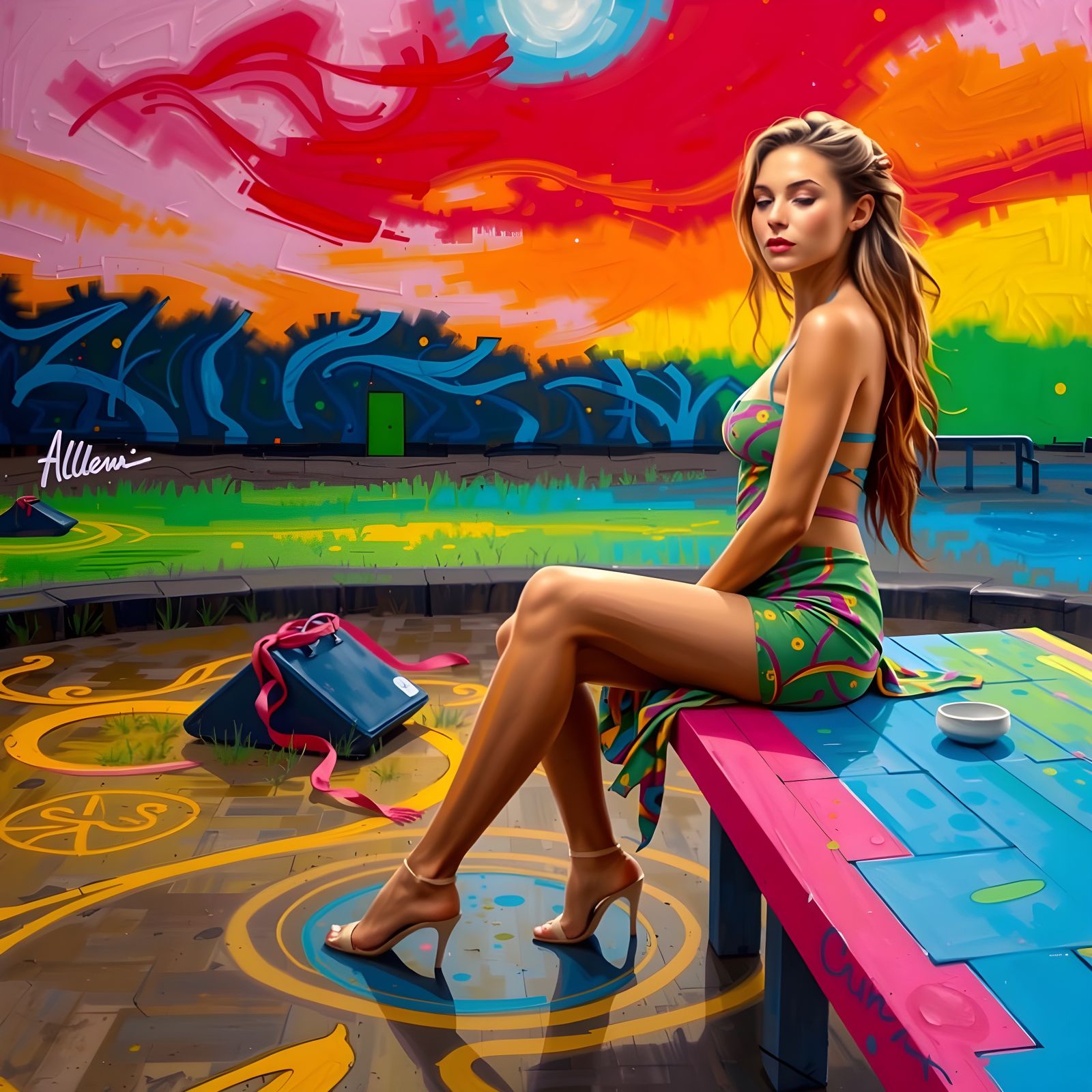 Impressionist Oil Painting of Woman on Park Bench