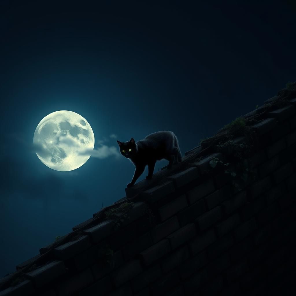 Mysterious Black Cat Under Moonlight