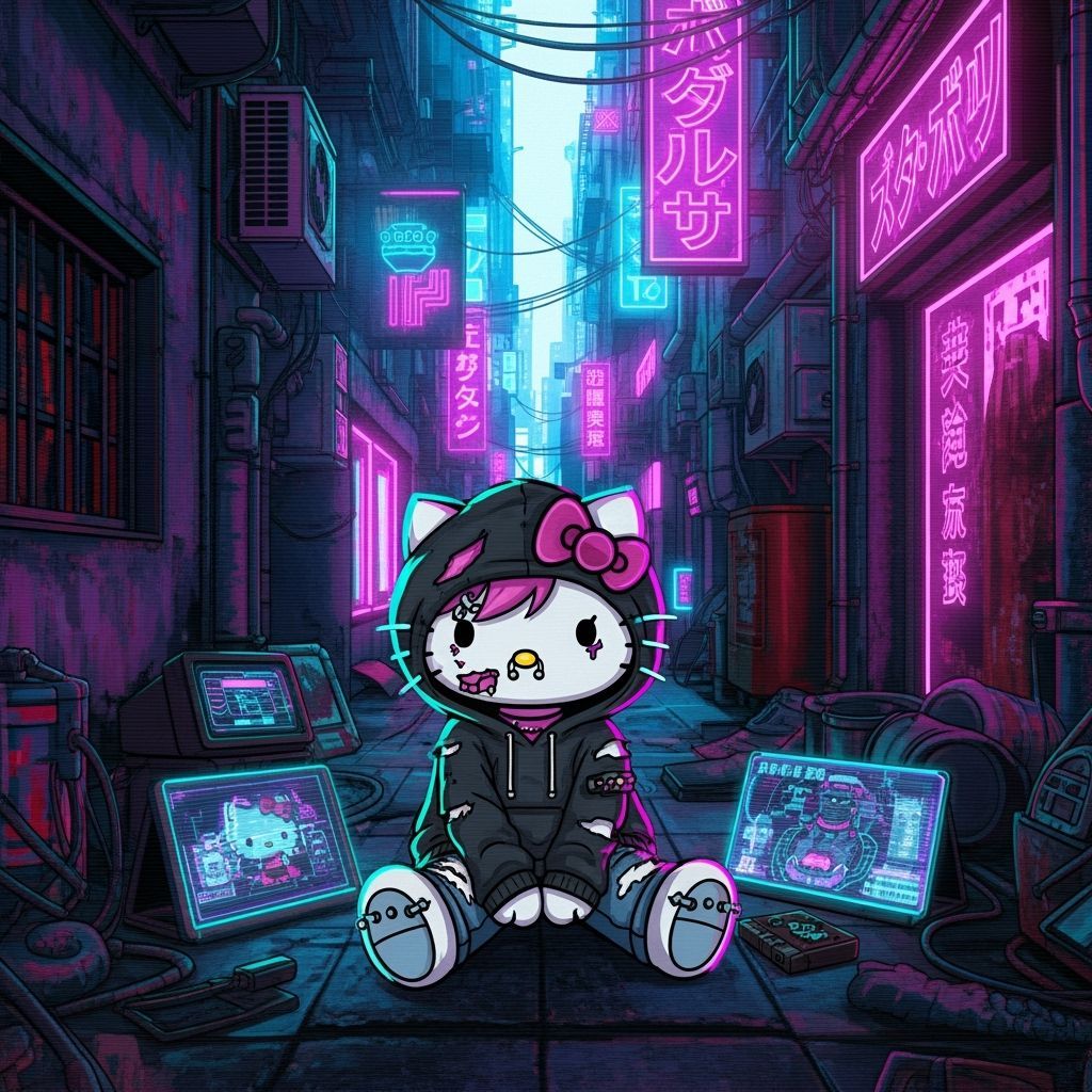 Hello Kitty as Cyberpunk Hacker in Tokyo Alley