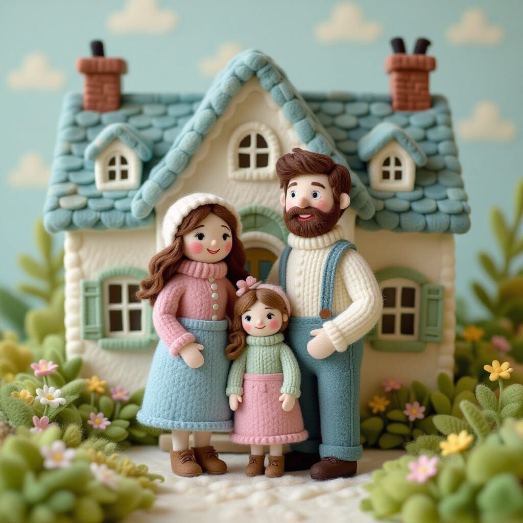 Felted Family in Cozy Home, Whimsical Pastel Art