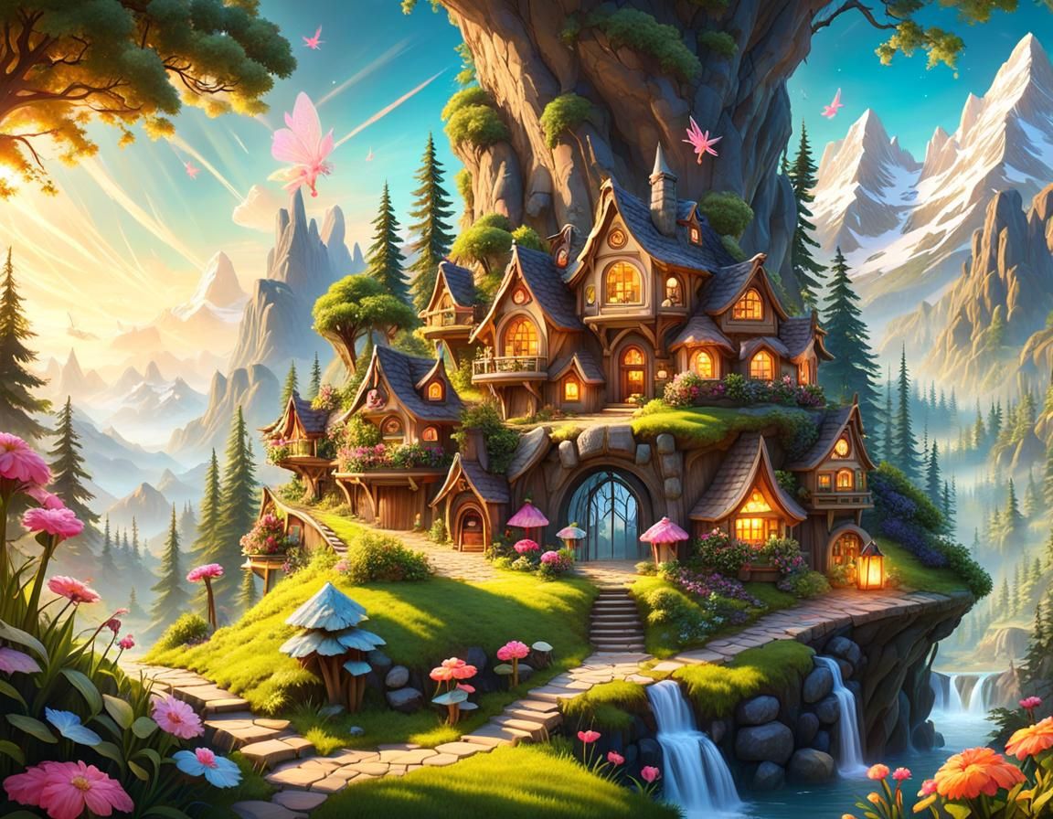Fairy Village on Mountain in Ethereal Digital Art