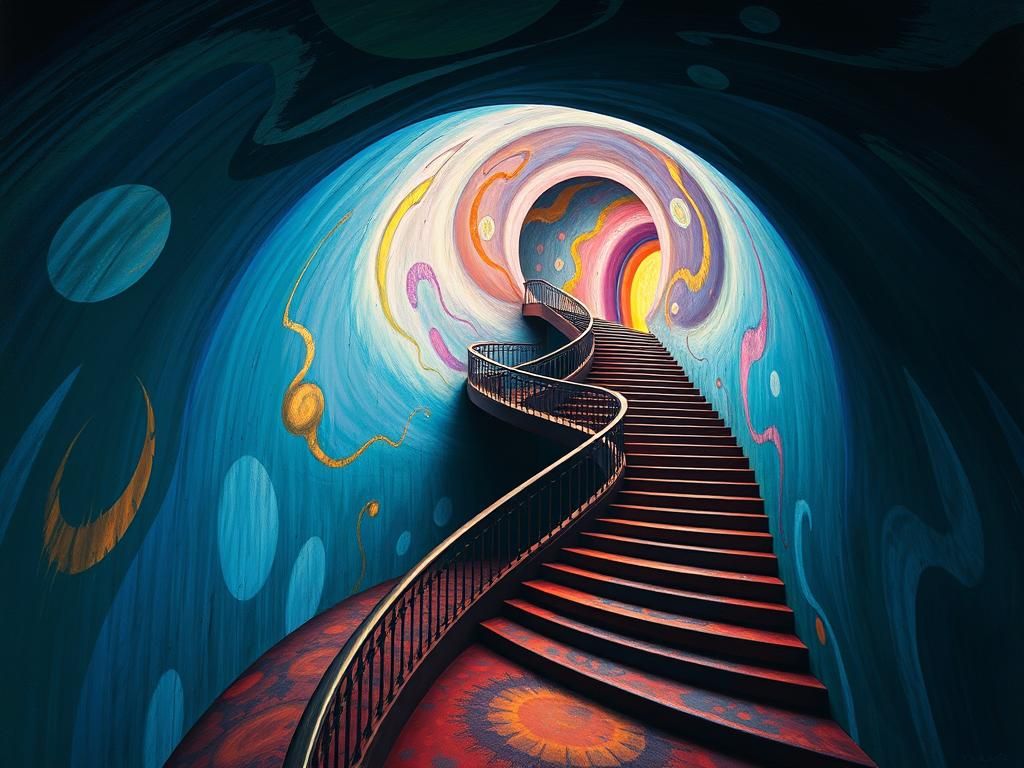 Dreamlike Realm with Winding Staircases, Surrealist Art