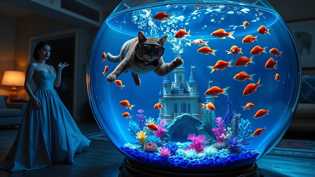 Tortoiseshell Cat in Hyper-Realistic Neon Fishbowl Scene