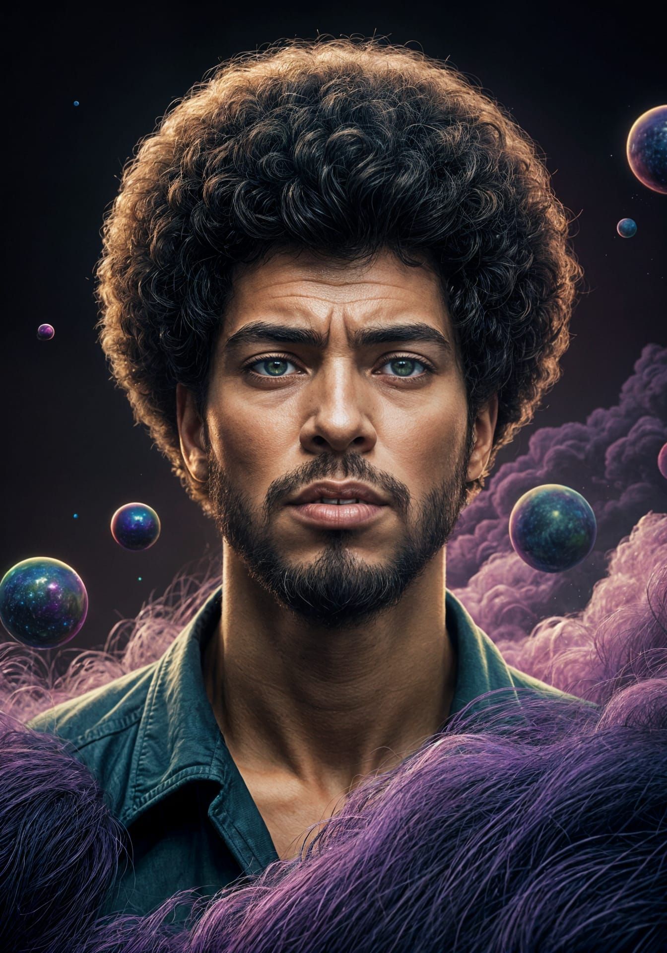 Man with Afro Surrounded by Vibrant Orbs in a Whirlwind of V...