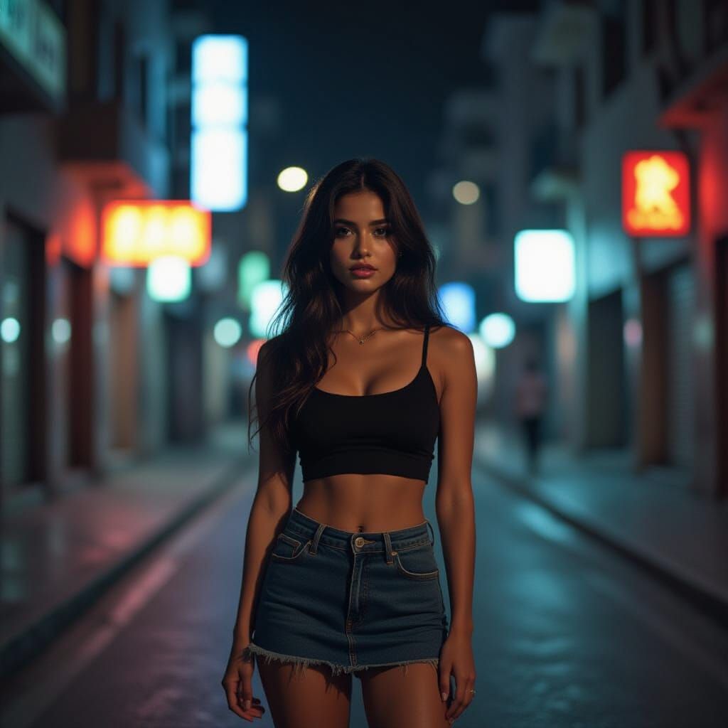 Dynamic Street Scene: Woman in Crop Top and Miniskirt