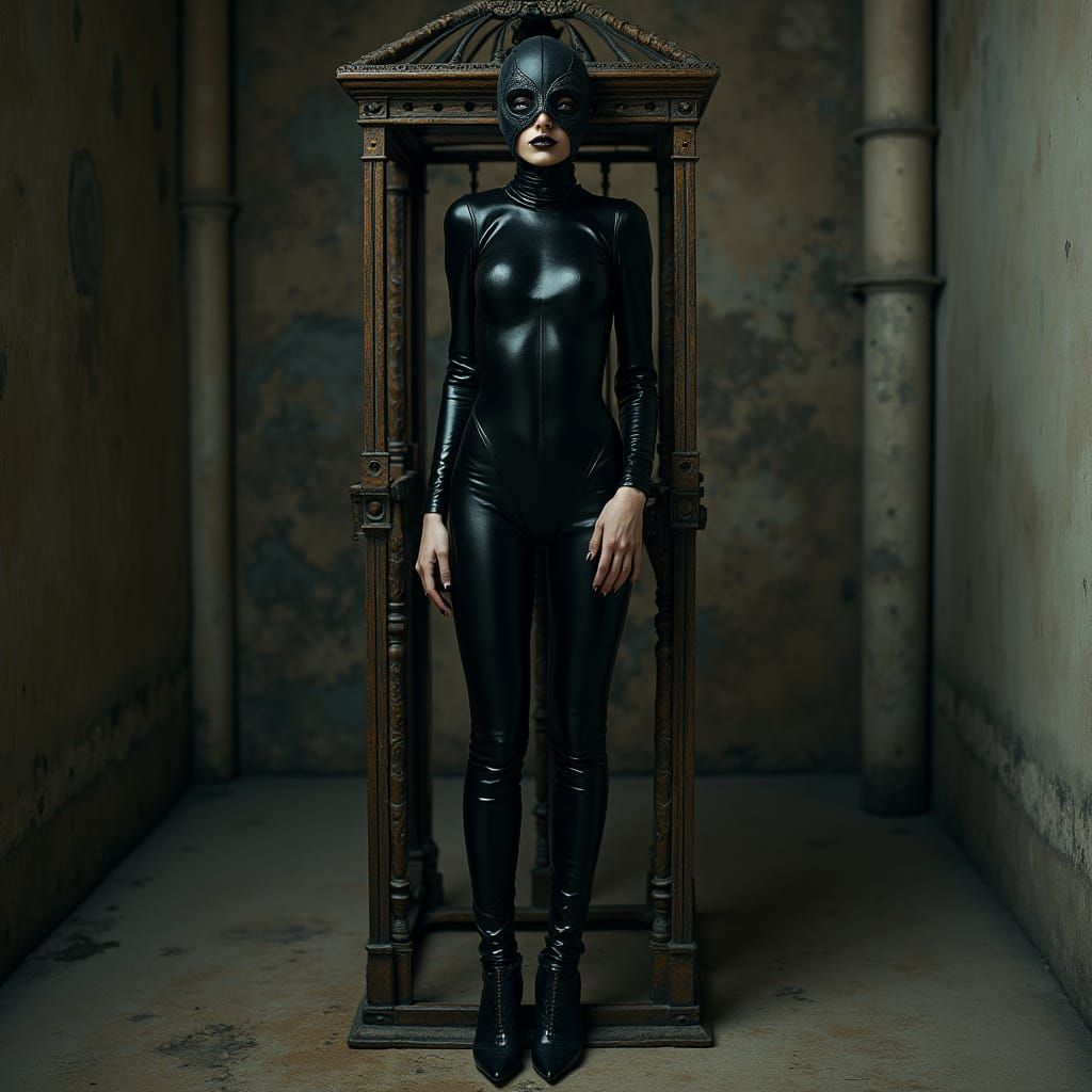 Woman in Latex Catsuit Locked in Cage