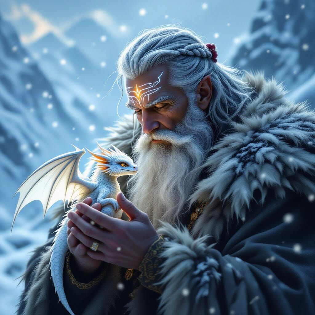 Wise Old Man With Dragon in Snowy Mountains