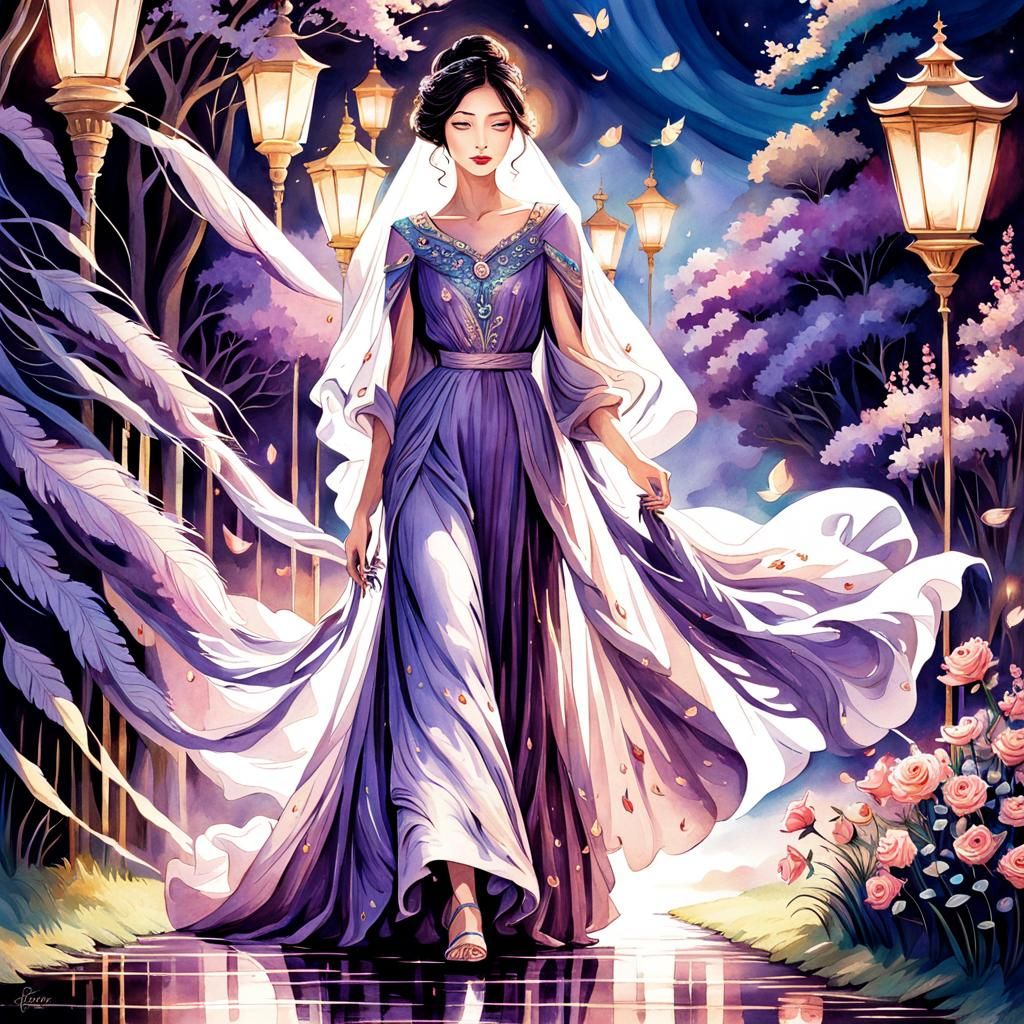 Ethereal Woman in Lavender Gown Watercolor Illustration