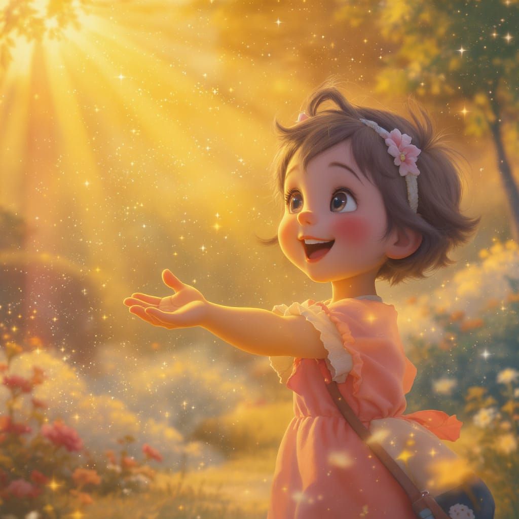 Joyful Child Beckons in Golden Hour Light, Digital Art