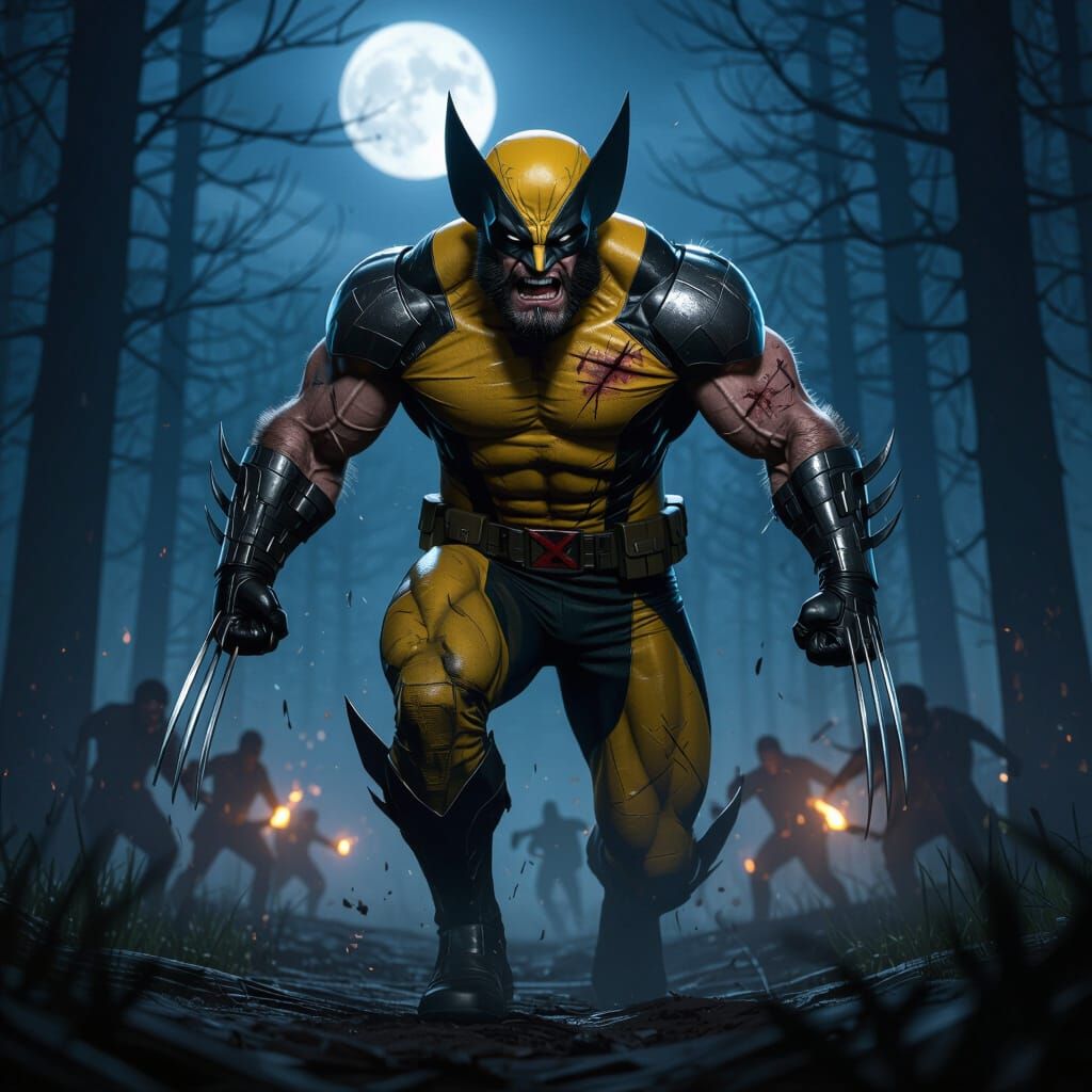 Wolverine Escapes Through Misty Forest in Armored Suit
