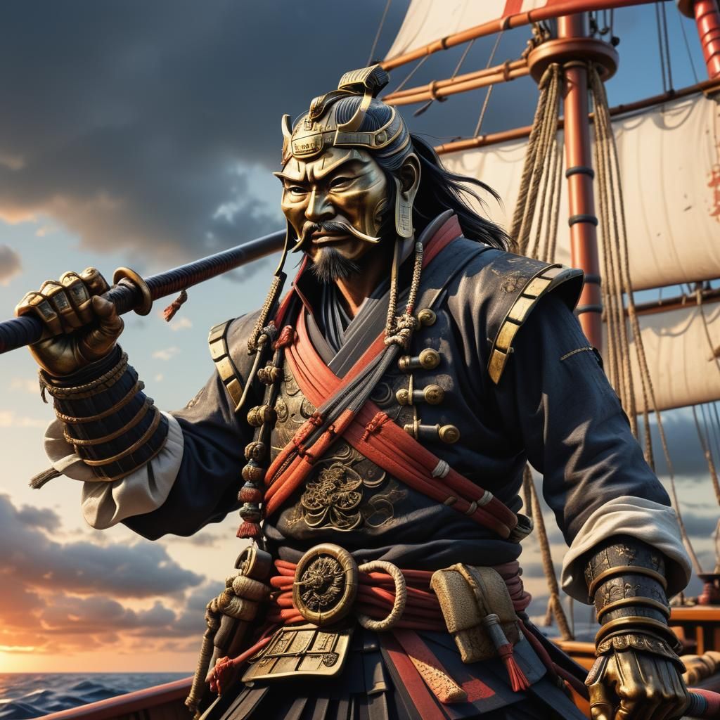 Samurai Warrior on Japanese Sailing Vessel