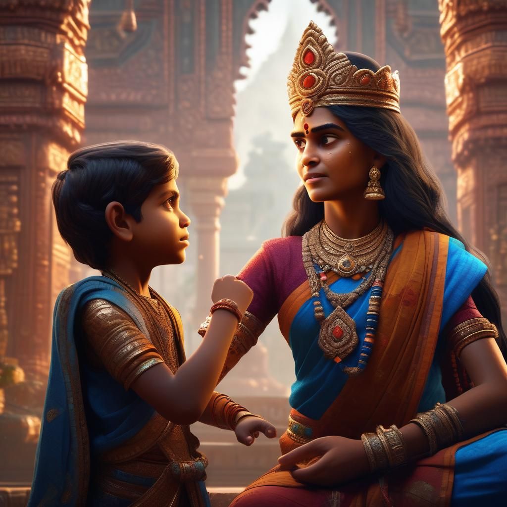 Hindu Queen Scolding Prince: Detailed Matte Painting