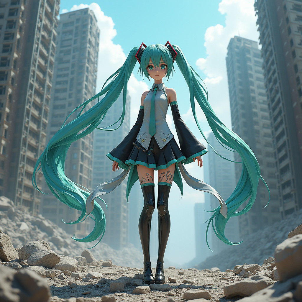 Hatsune Miku in Ruined Cityscape: 3D Anime Art
