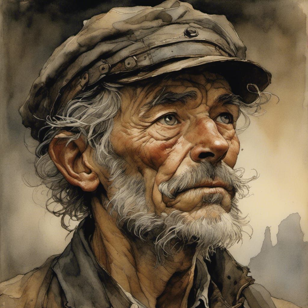 A portrait of an old coal miner in the 19th century