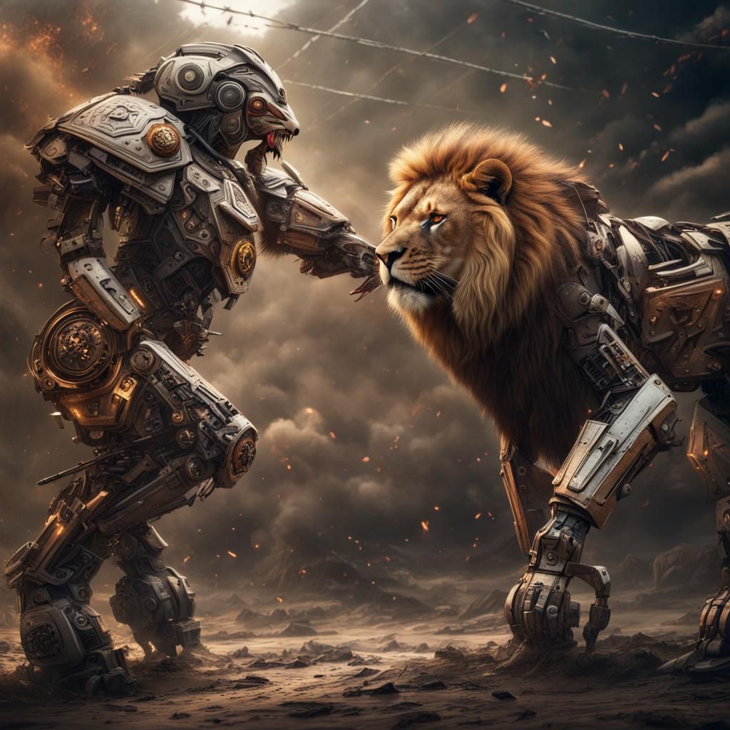 Robot Lion in Epic Battle Scene