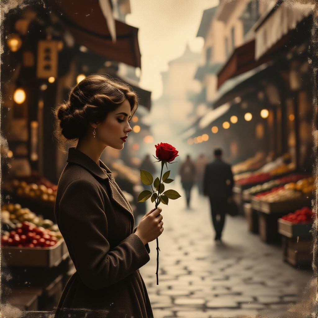 Vintage Woman with Rose in Sepia Marketplace Photo