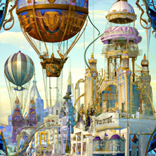 Victorian Cityscape with Airships, Art Nouveau Style