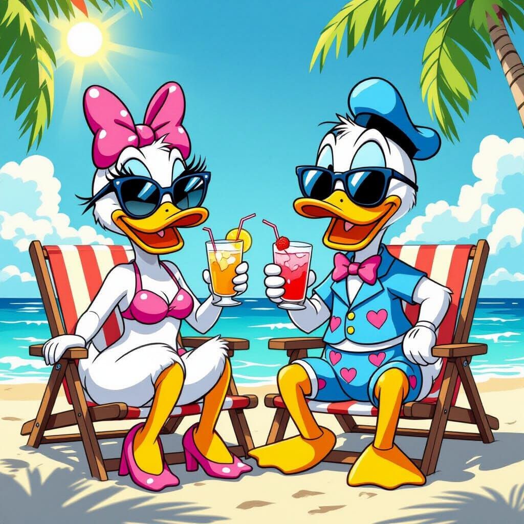 Donald and Daisy Duck Enjoying Beach Cocktails