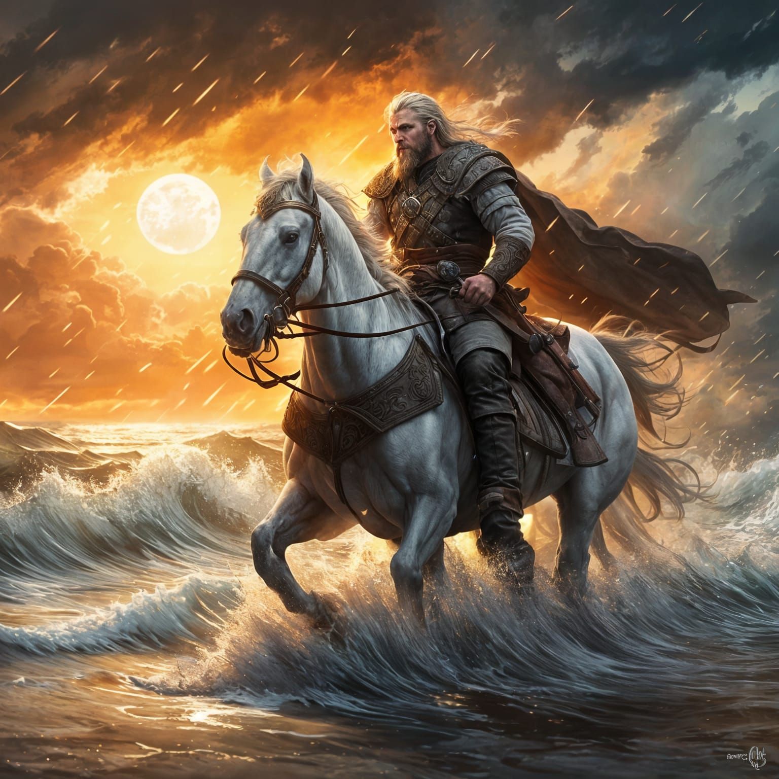 Viking Horseman Rides to Ship in Sunset Storm