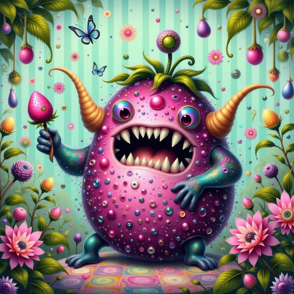 Whimsical Berry Monster in Enchanted Gingham Setting