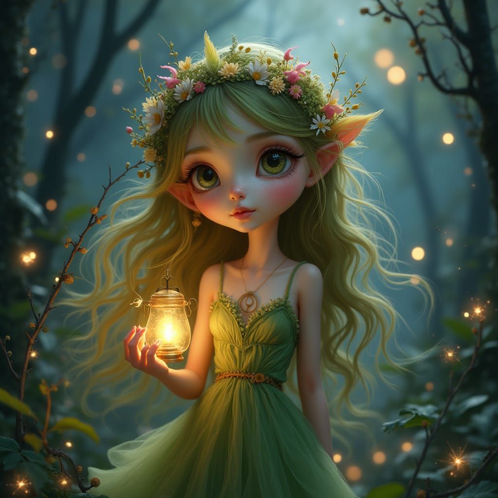 Ethereal Forest Nymph with Lantern in Fairytale Twilight