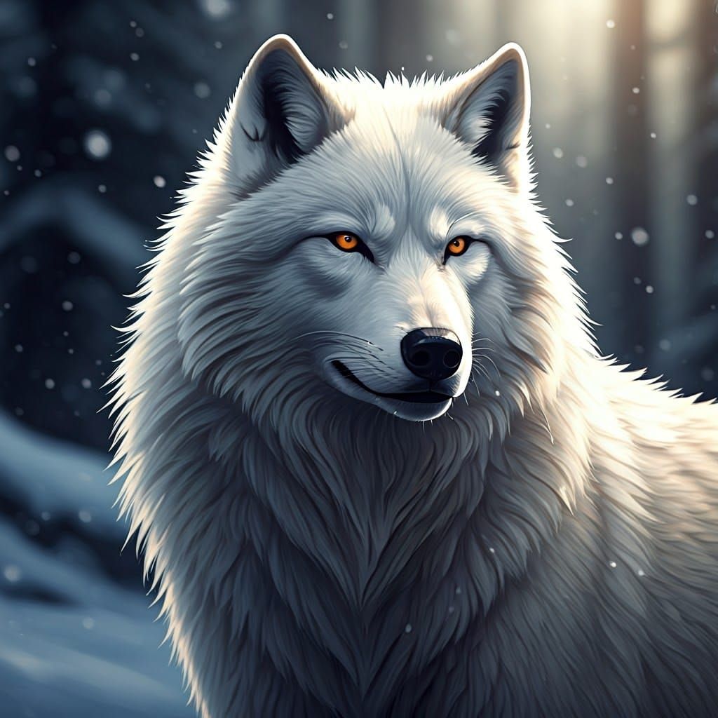 Weißer Wolf der stark in einem verschneiten Wald steht....